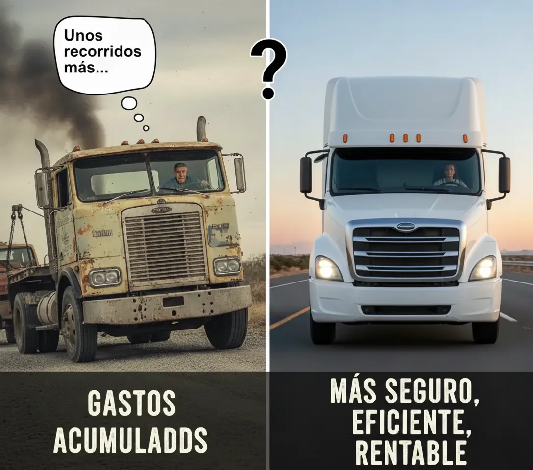 comparativa entre un tractocamión viejo con altos gastos de mantenimiento y un camión moderno eficiente, seguro y rentable para transporte de carga