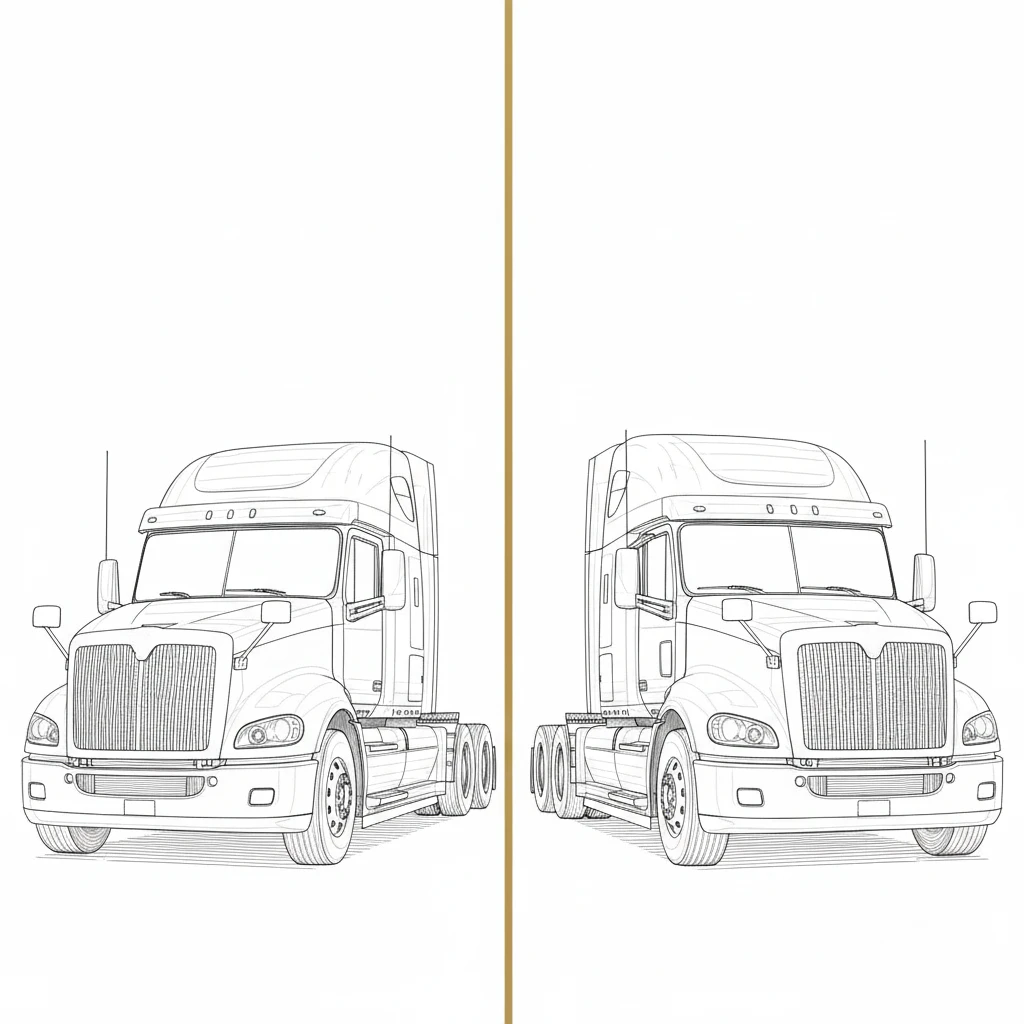 ilustración técnica de un tractocamión visto desde dos ángulos frontales, estilo dibujo lineal