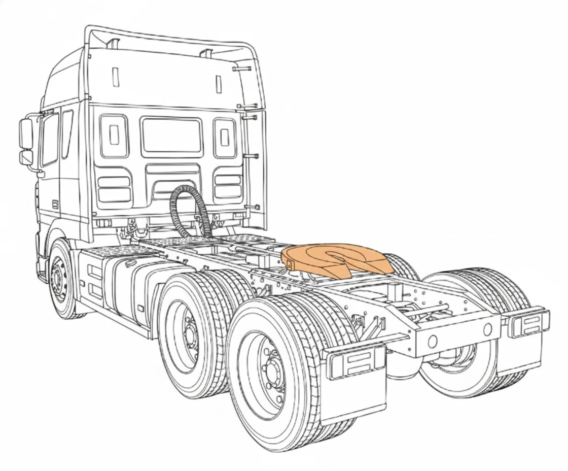 ilustración de las partes traseras de un tractocamión con énfasis visual en la quinta rueda