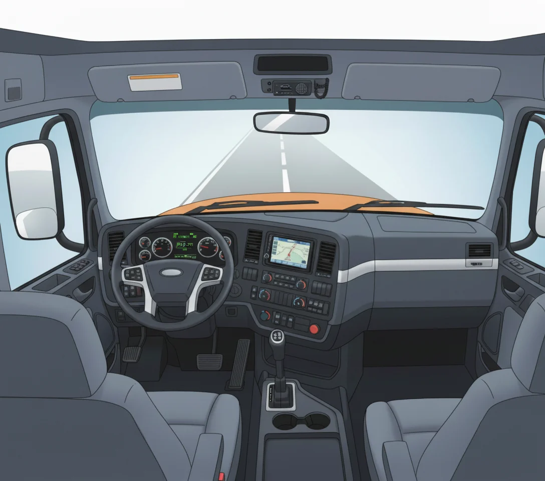 ilustración con vista interior de la cabina de un tractocamión moderno con volante, tablero digital, pantalla de navegación y controles ergonómicos