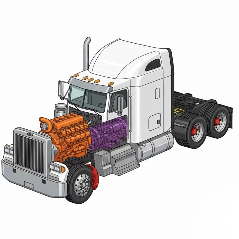 Ilustración de camión de carga con motor y componentes mecánicos visibles