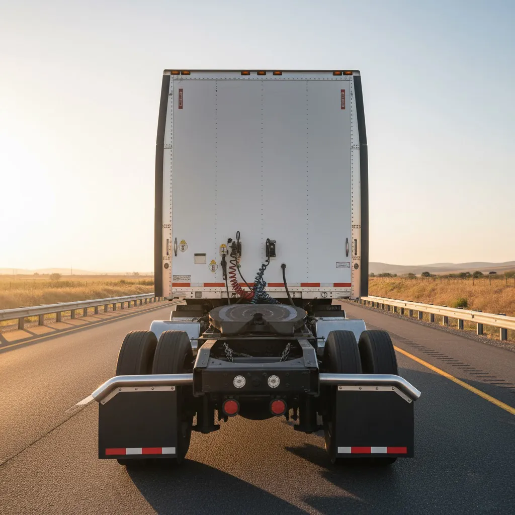 vista trasera de un tractocamión circulando por carretera durante el atardecer