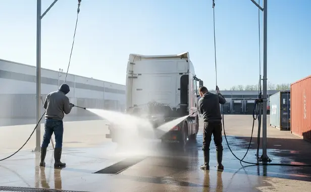 dos operarios realizando el lavado profesional a presión de un tractocamión blanco en una estación de limpieza industrial de flota pesada
