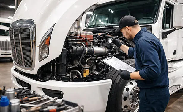 revisión de motor de tractocamión en taller mecánico industrial con operario en overol azul