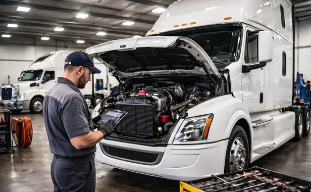 mecánico realizando el diagnóstico del motor de un tractocamión blanco en un taller especializado