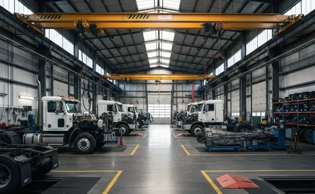 interior de un taller mecánico industrial de alta capacidad con motores desmontados y sistemas de elevación para mantenimiento de flota de camiones