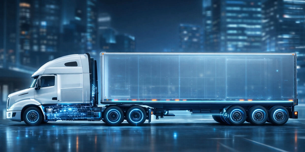 visualizacion futurista de tractocamion con semirremolque representación digital de un tractocamión con semirremolque de caja seca mostrando componentes mecánicos iluminados con luces led azules en un entorno nocturno futurista